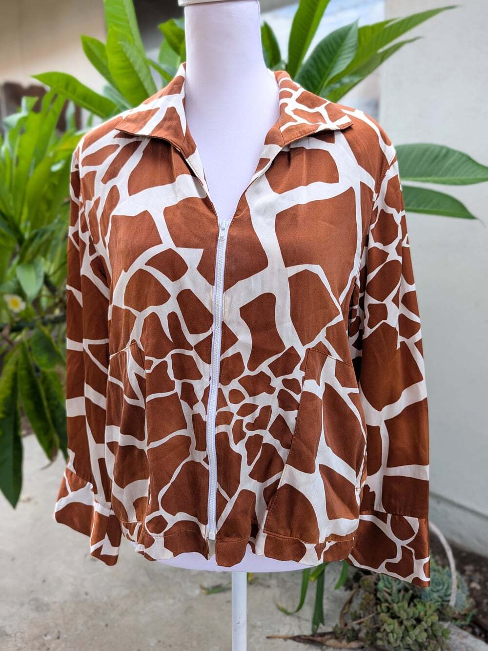 Caroline Rose vintage 90s giraffe animal print silk blazer zipper small VGUC